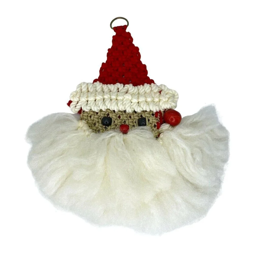 Vintage Christmas Santa Claus Macrame Face Head Wall Hanging Décor Handmade Boho